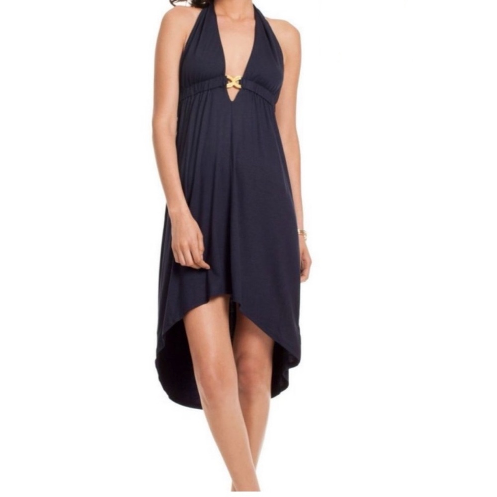 TRINA TURK High Low Hem Navy Halter Dress With Gold Hardware EUC